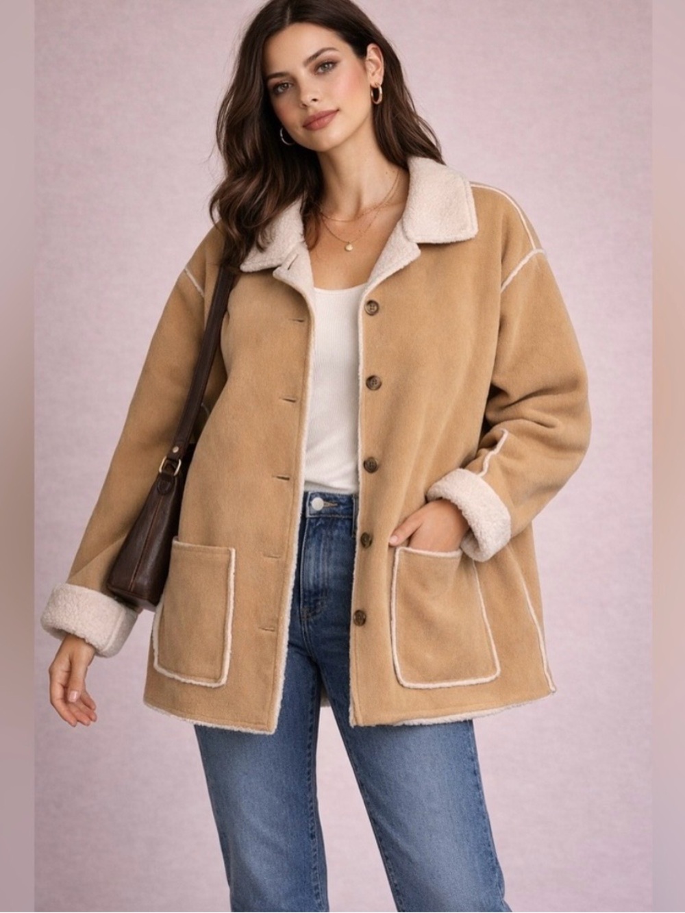Alfred Dunner Tan Faux-Shearling Coat with Cream Trim